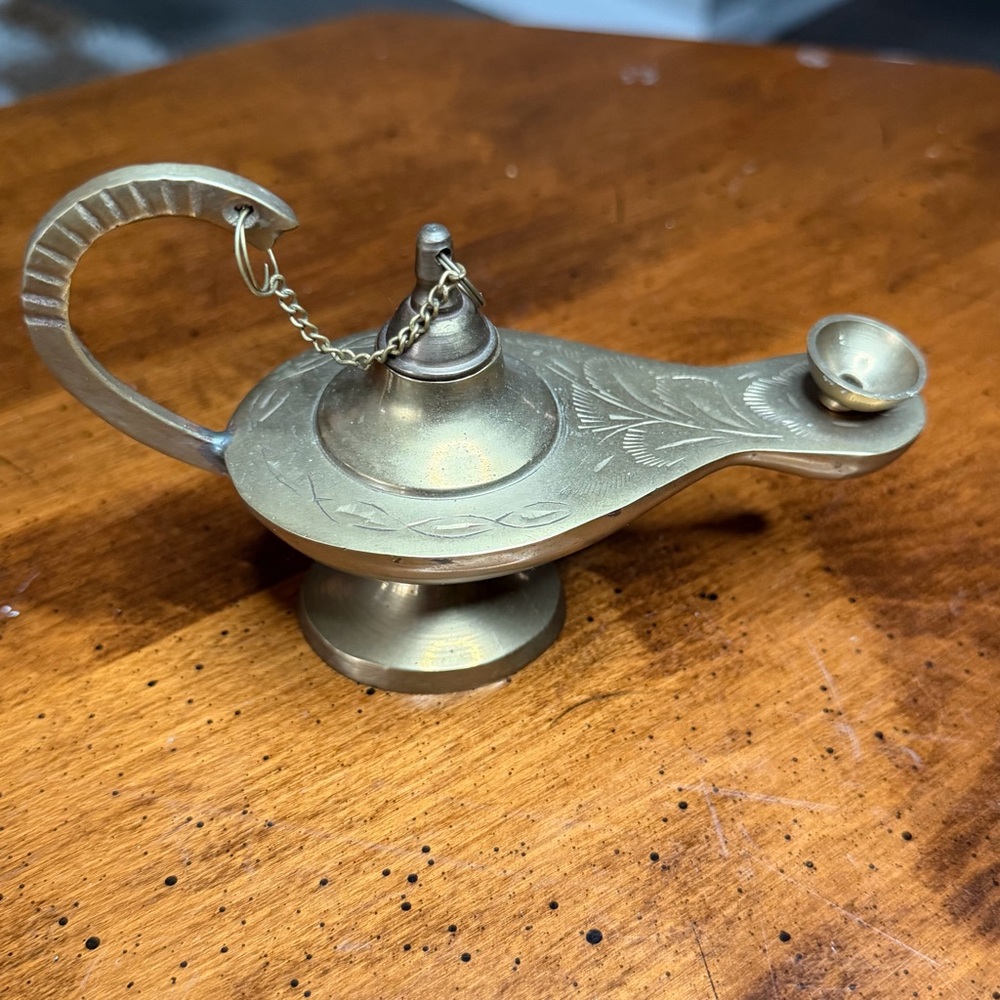 Brass Aladdin Style Oil Lamp with Engraved Design Collectible